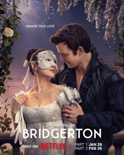 Bridgerton Season 4 poster featuring Sophie Baek and Benedict Bridgerton at a masquerade ball